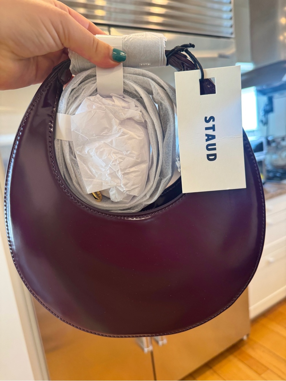 NWT Staud Mini Moon Purse in Syrah Burgundy Leather, Crossbody Bag , brand NEW - Picture 7 of 16